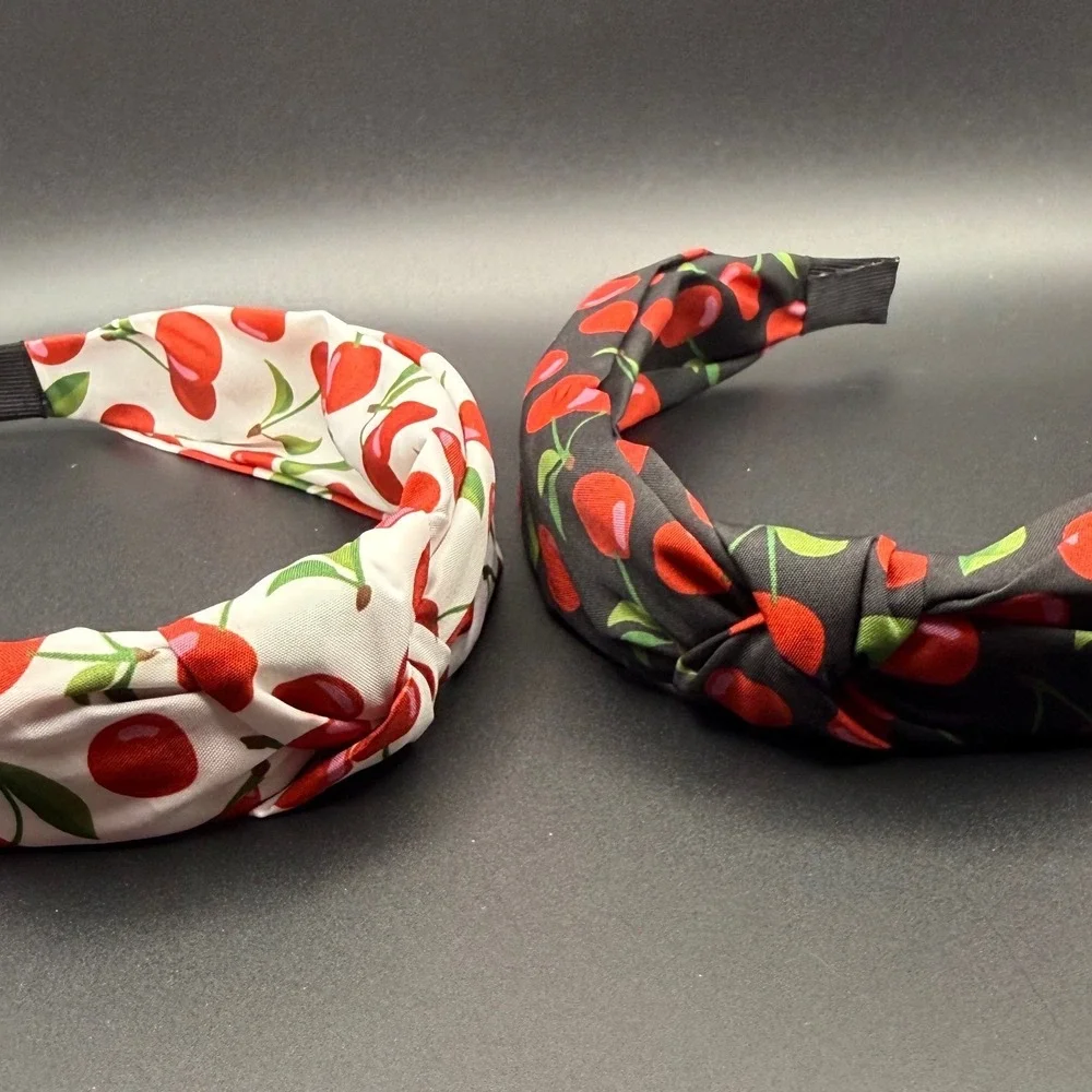 Cherry Print Knotted Headband Set White‎ Black Two Piece Accessory